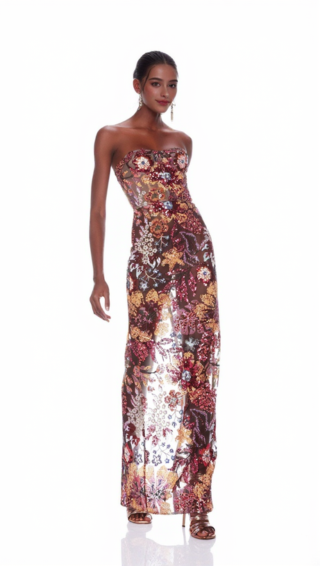 STRAPLESS DAHLIA SEQUINS EMBROIDERED MAXI DRESS