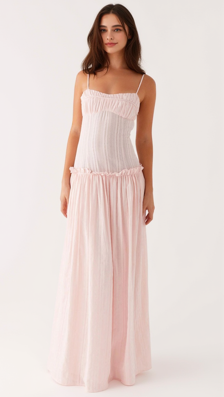 PLEATED BELT CHIFFON STRAPLESS MAXI DRESS IN PALE PINK