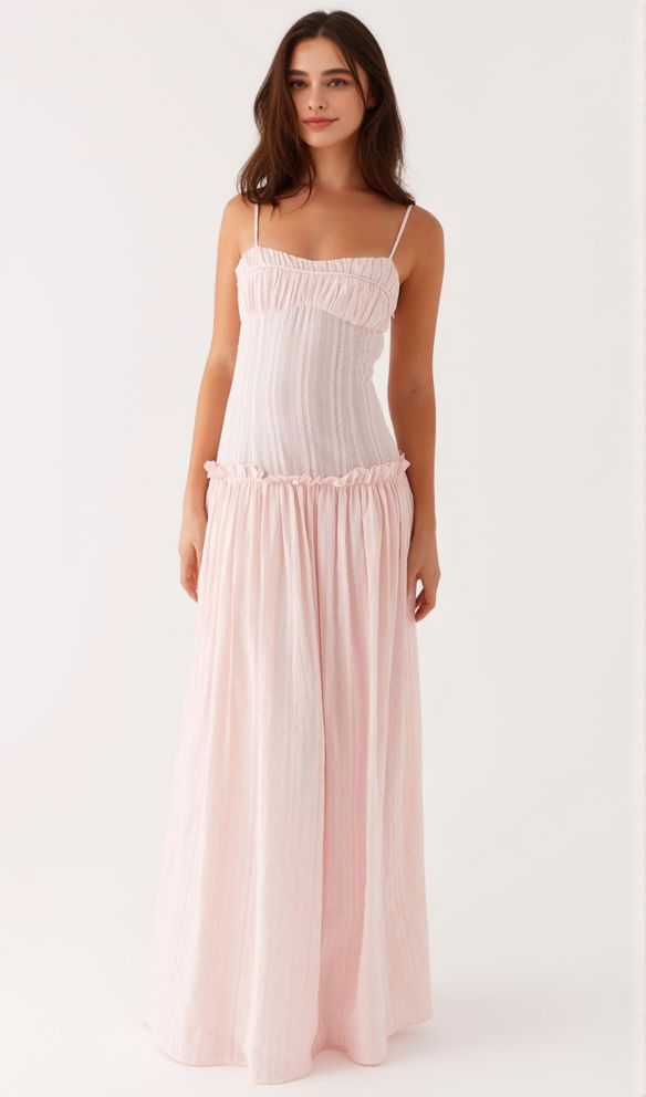 AIIZIE PLEATED BELT CHIFFON STRAPLESS MAXI DRESS IN PALE PINK - product image
