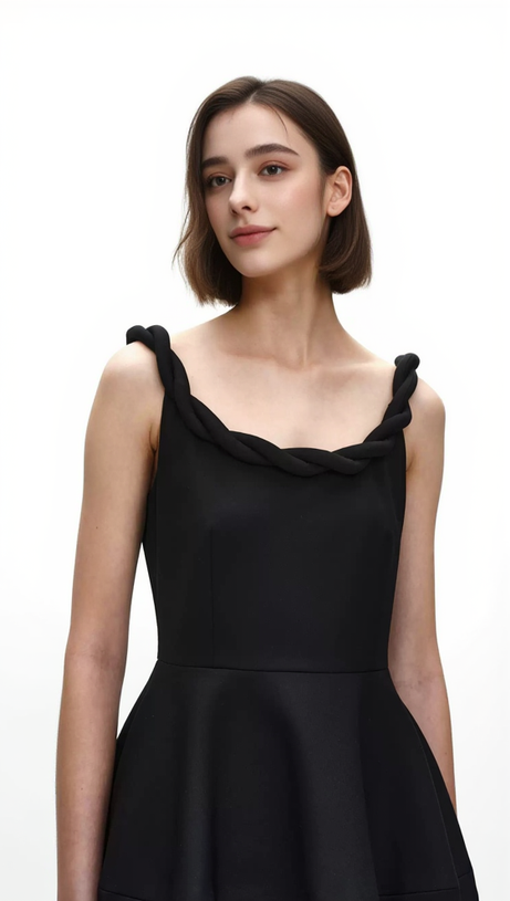 ABITO MIDI MONICA CON SPALLINE INTRECCIATE IN NERO