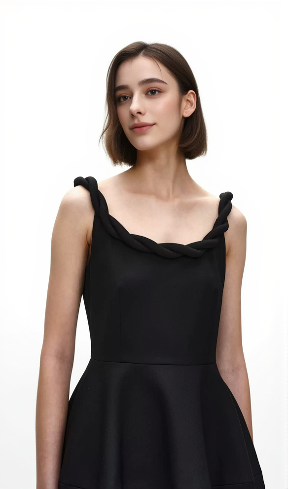 Monica – Midikleid mit geflochtenen Schulterträgern in Schwarz