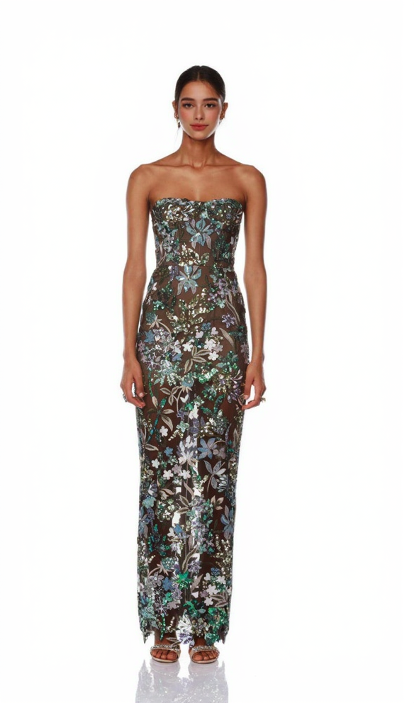 AIIZIE STRAPLESS DAHLIA SEQUINS EMBROIDERED MAXI DRESS GREEN - product image