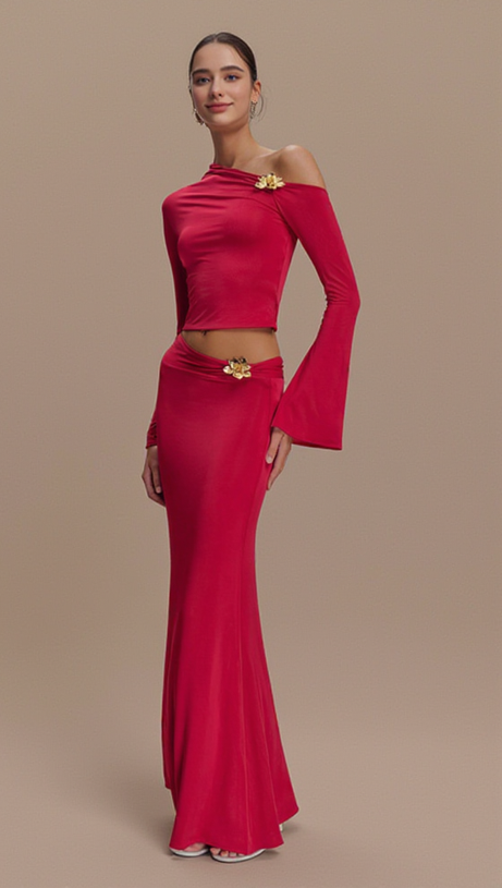 SLANT COLLAR HIGH WAIST SLIM LONG SKIRT RED SUIT