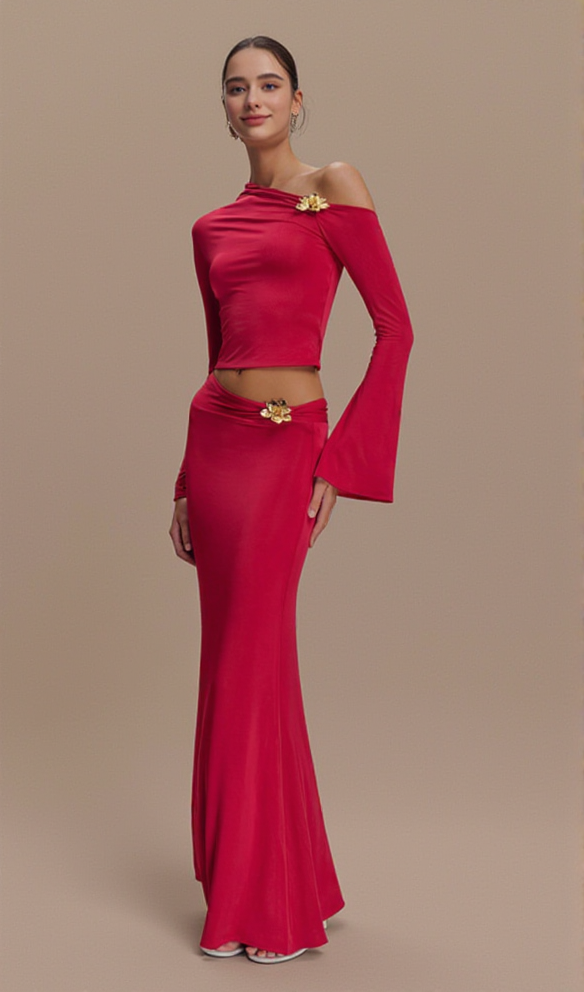 AIIZIE SLANT COLLAR HIGH WAIST SLIM LONG SKIRT RED SUIT - product image