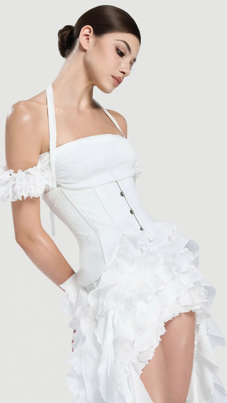 ELVA MINI ABITO CON SCOLLO A V, FIORI TRIDIMENSIONALI E NAPPE IRREGOLARI IN BIANCO