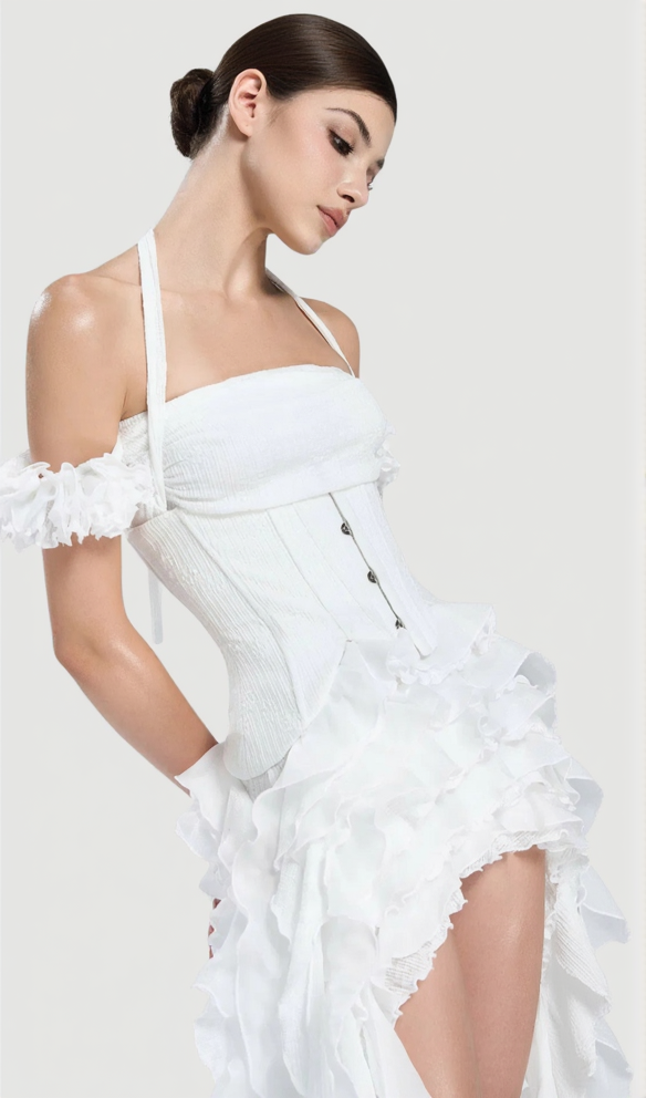 AIIZIE ELVA HALTER THREE-DIMENSIONAL FLOWER IRREGULAR TASSEL MINI DRESS IN WHITE - product image
