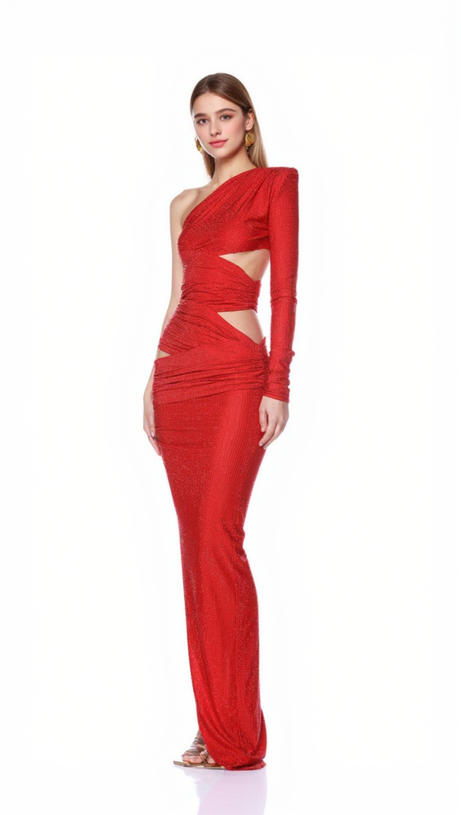 ONE-SHOULDER HOT DIAMOND HOLLOW IRREGULAR SLIT RED MAXI DRESS