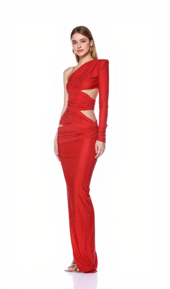 AIIZIE ONE-SHOULDER HOT DIAMOND HOLLOW IRREGULAR SLIT RED MAXI DRESS - product image