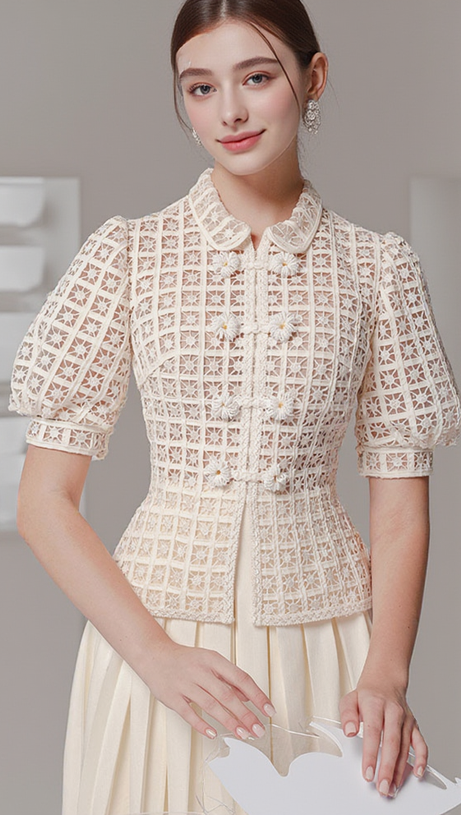 DOUBLE BREASTED LANTERN SLEEVE LACE TOP PLEATED SKIRT SET IN APRICOT