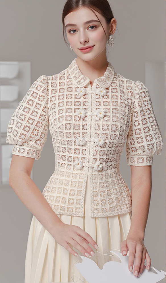 AIIZIE DOUBLE BREASTED LANTERN SLEEVE LACE TOP PLEATED SKIRT SET IN APRICOT - product image