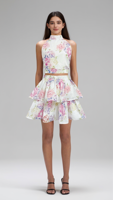 JESSICA PRINTED BACKLESS HALTER TOP SKIRT SET IN PINK