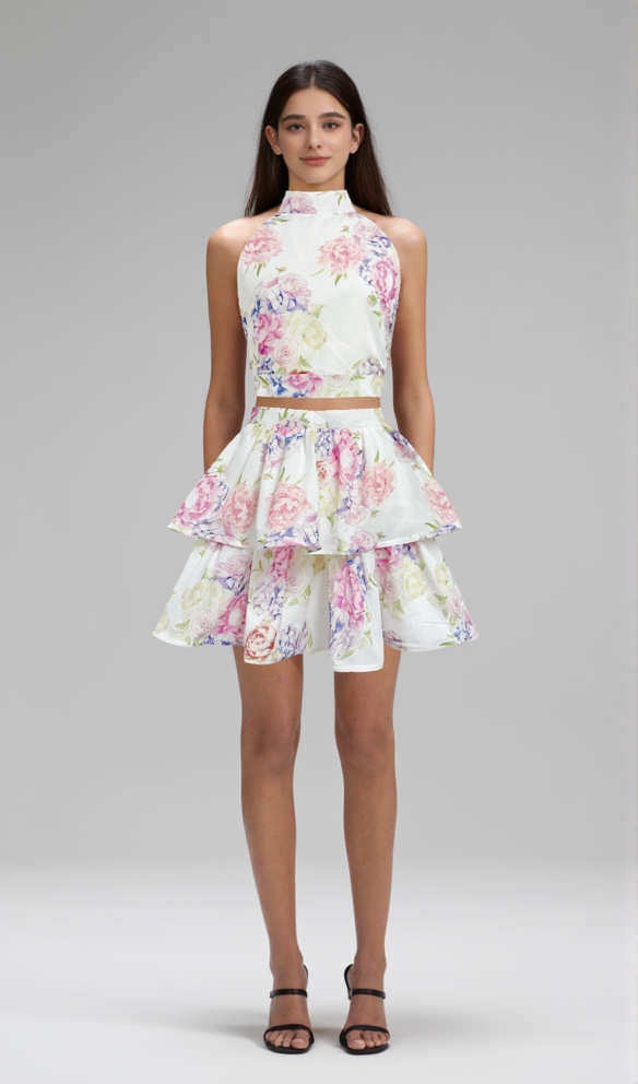 AIIZIE JESSICA PRINTED BACKLESS HALTER TOP SKIRT SET IN PINK - product image