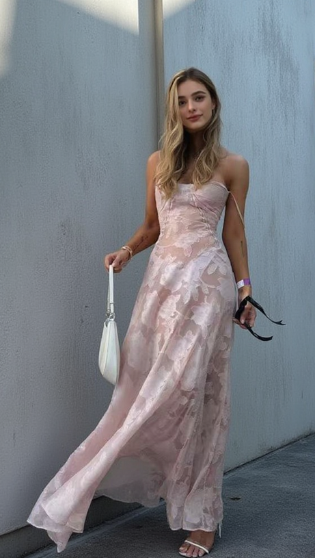 Sling-Maxikleid mit 3D-Blumenmuster in Rosa 