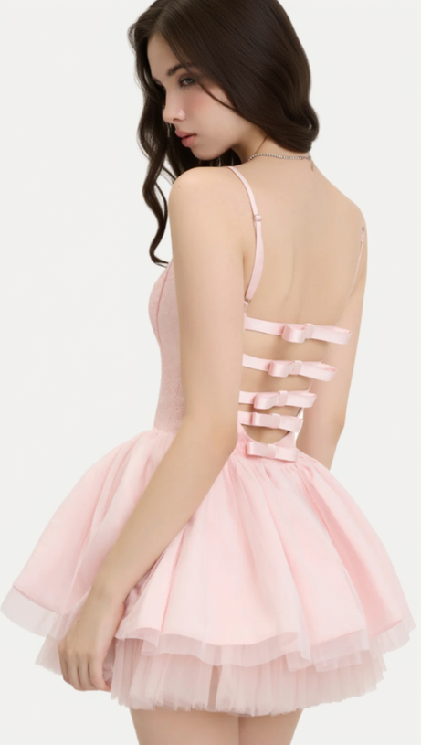 MINI ABITO SCOLLO A SCHIENA CON FIOCCO IN PIZZO CELESTE ROSA