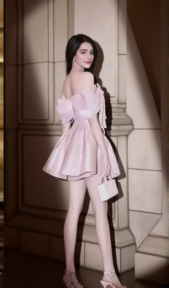 AIIZIE ASHLEY BOW STRAPLESS PUFF MINI DRESS IN PINK - product image