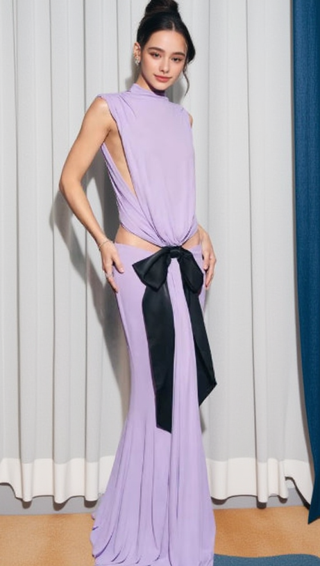 BERNICE BOW PATCH CUT BACKLESS MAXI DRESS IN PURPLE