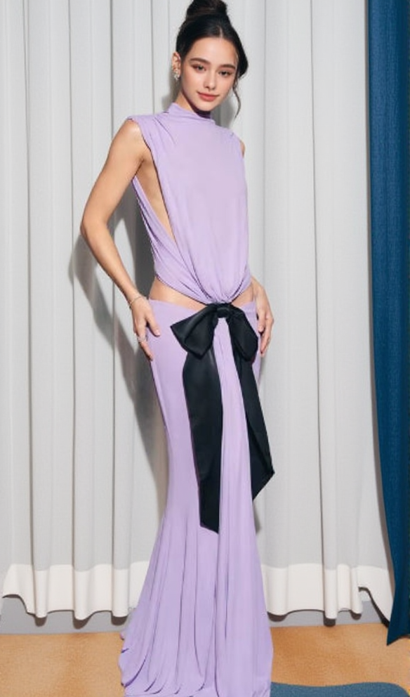 Bernice – Rückenfreies Maxikleid mit Schleifenaufnäher in Lila
