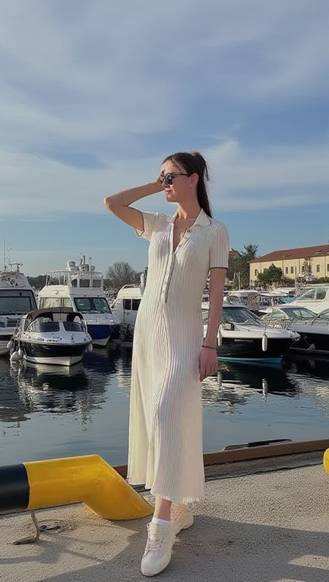 Schlichtes weißes Maxikleid aus Strick mit halber Knopfleiste und Revers