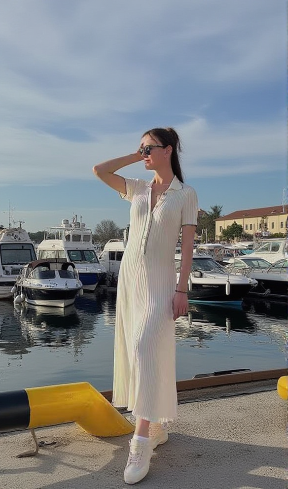 AIIZIE SIMPLE WHITE LAPEL HALF-BUTTON KNITTED MAXI DRESS - product image