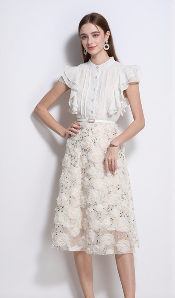 AIIZIE DORIS FLOWER EMBELLISHED RUFFLE SLEEVE MIDI DRESS IN APRICOT - product image