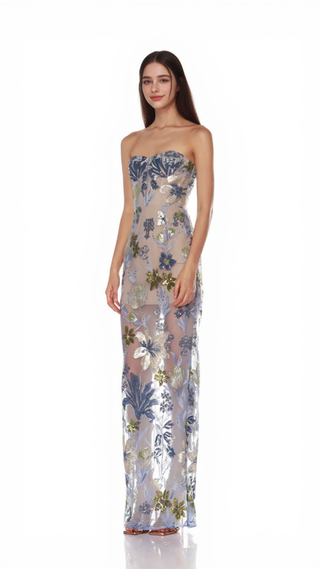 OFF-SHOULDER WITH 3D MESH EMBROIDERED SEQUINS MAXI DRESS WHITE