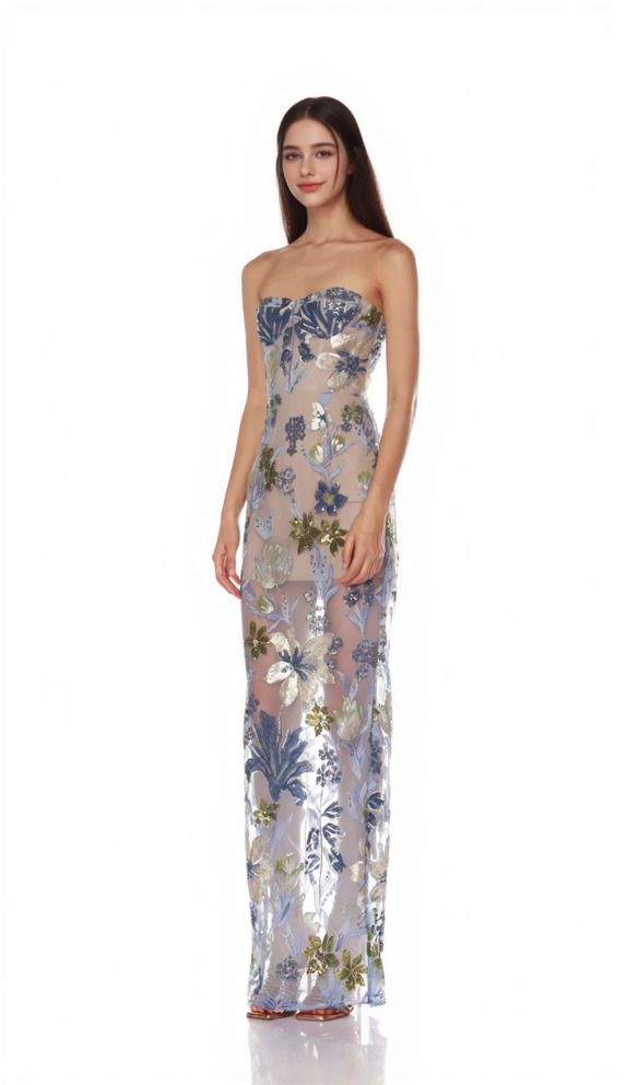 AIIZIE OFF-SHOULDER WITH 3D MESH EMBROIDERED SEQUINS MAXI DRESS WHITE - product image