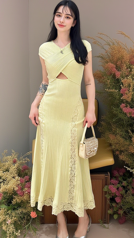 yellow knit lace insert midi dress Soleil Yellow Lace Hem Knit Midi Dress