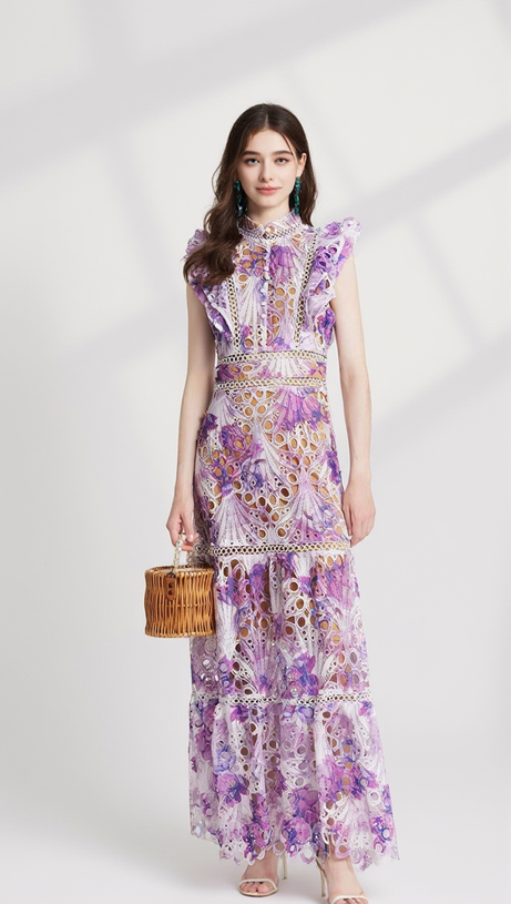 CHLOE HOLLOW OUT FLOWER EMBROIDERY MAXI DRESS IN PURPLE