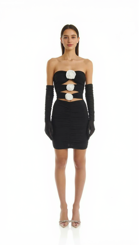 HOLLOWED-OUT EMBELLISHMENTS WITH WHITE ROSES MINI DRESS BLACK