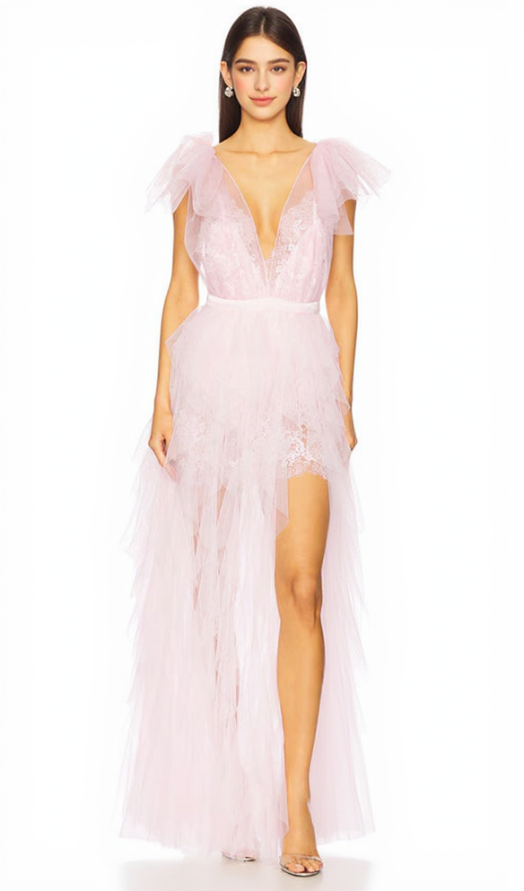 MINI ABITO IN TULLE CON VOLANT E PIZZO FLOREALE ROSA