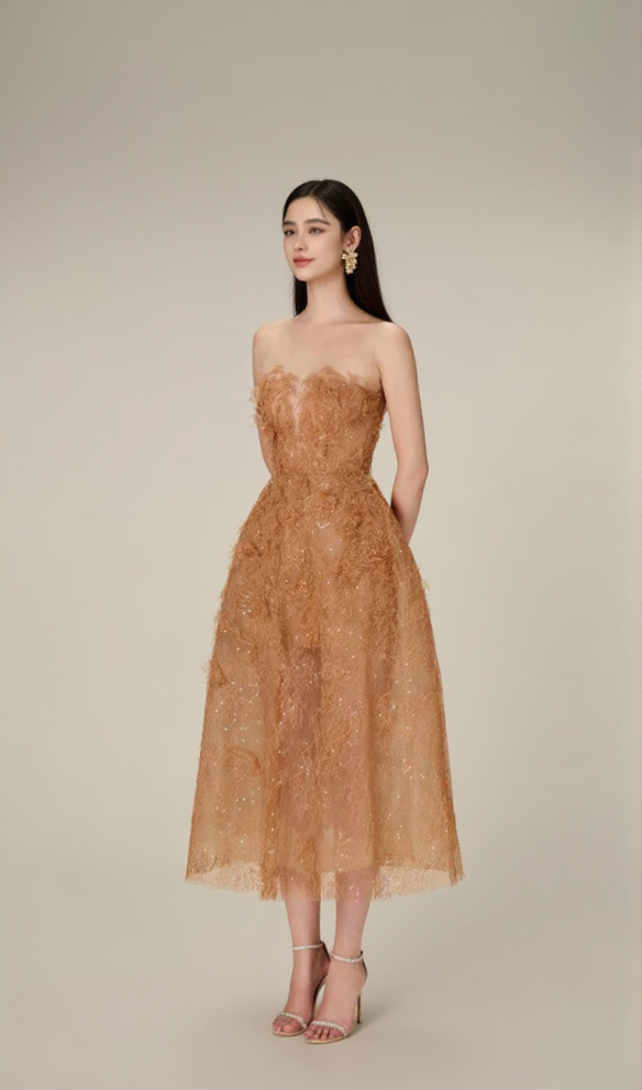 CARAMEL FLORAL LACE EMBROIDER MIDI DRESS