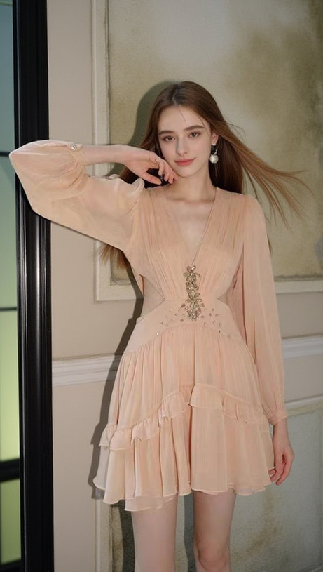 V-NECK FAIRY SILK WAIST-BARING MINI DRESS