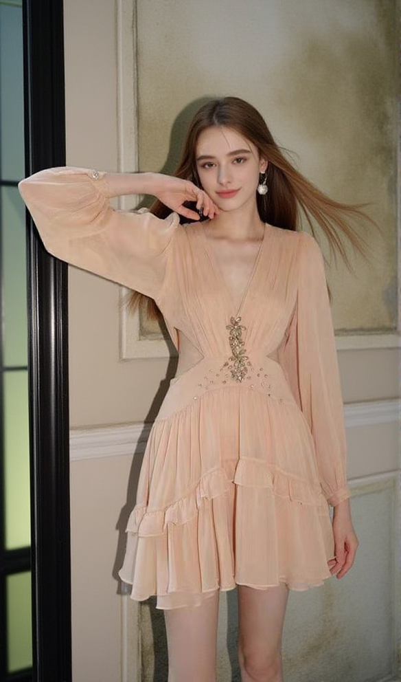 AIIZIE V-NECK FAIRY SILK WAIST-BARING MINI DRESS - product image