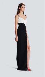 Two-tone crepe maxi dress with leg slit