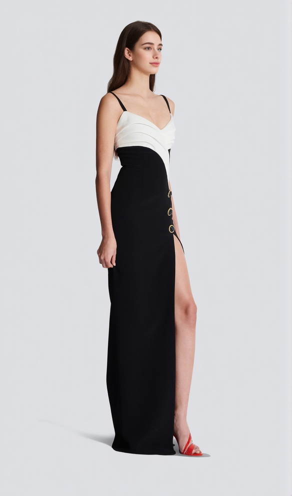 Two-tone crepe maxi dress with leg slit