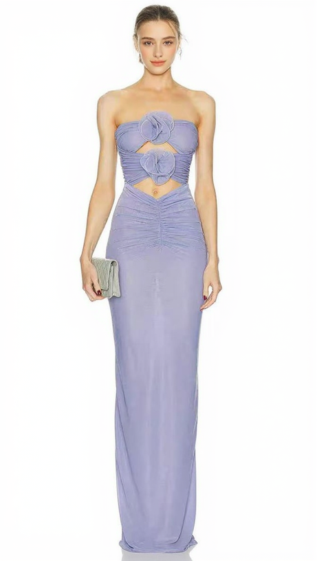 PURPLE 3D FLORAL MAXI DRESS