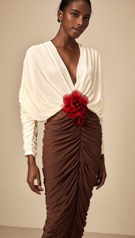 LONG SLEEVE TWO-TONE PLEATED MIDI DRESS IN BROWN