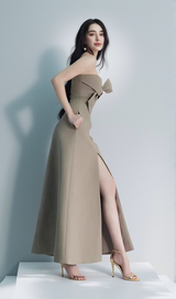 alberta bowknot strapless slit midi dress in grey green
