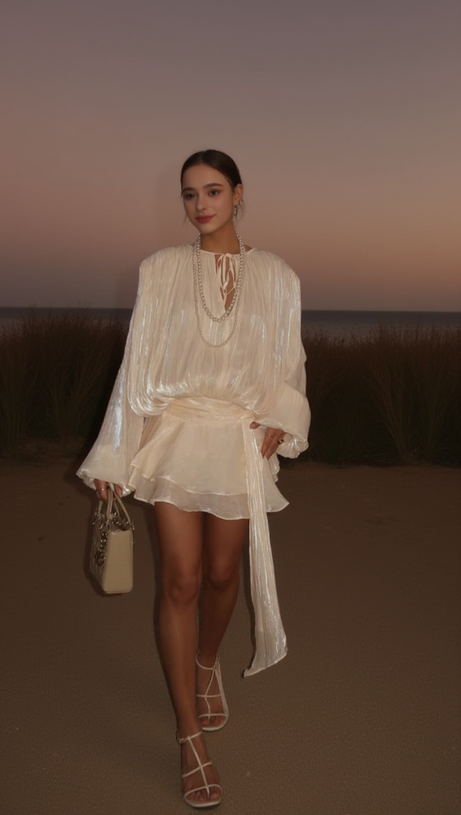 Aprikosenfarbenes, langärmliges Minikleid mit Schleife 