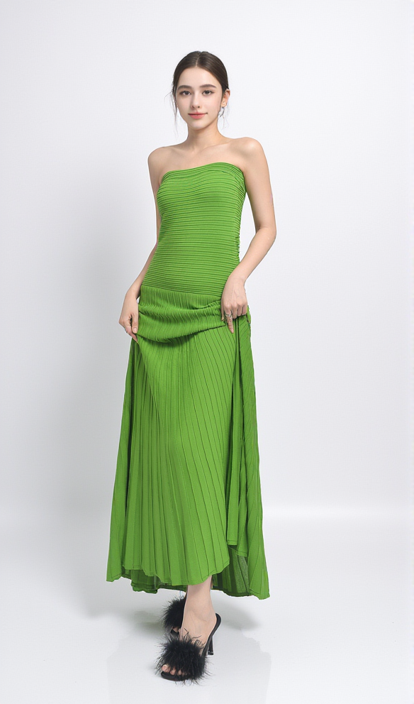 pleated belt chiffon strapless maxi dress in green