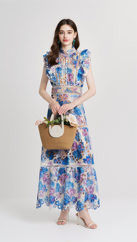 CHLOE HOLLOW OUT FLOWER EMBROIDERY MAXI DRESS IN BLUE