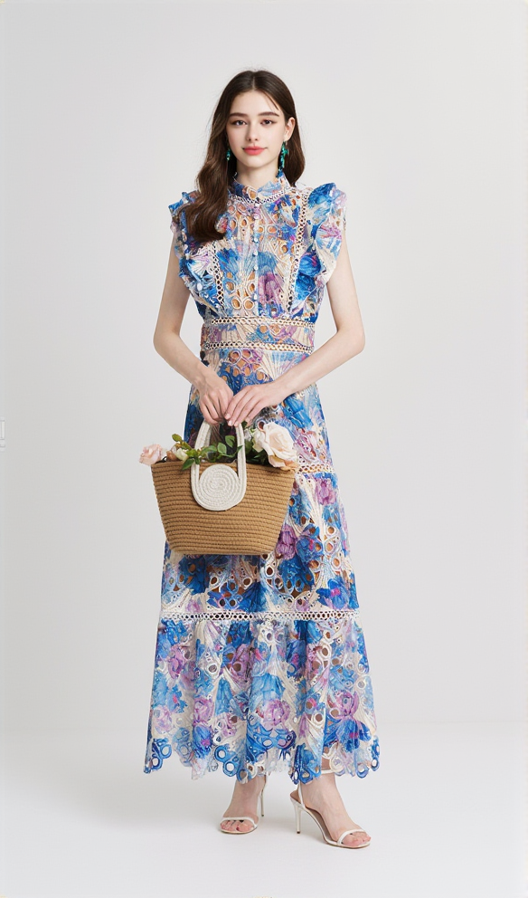 CHLOE HOLLOW OUT FLOWER EMBROIDERY MAXI DRESS IN BLUE