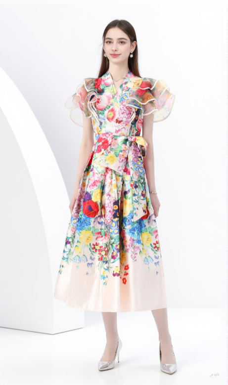 daphne ruffled a-line print midi dress