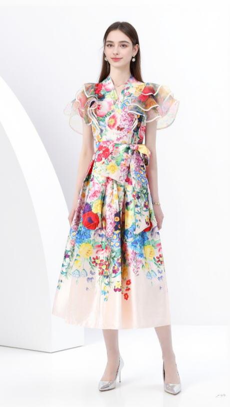 DAPHNE RUFFLED A-LINE PRINT MIDI DRESS