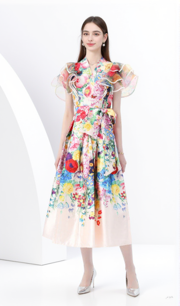 DAPHNE RUFFLED A-LINE PRINT MIDI DRESS