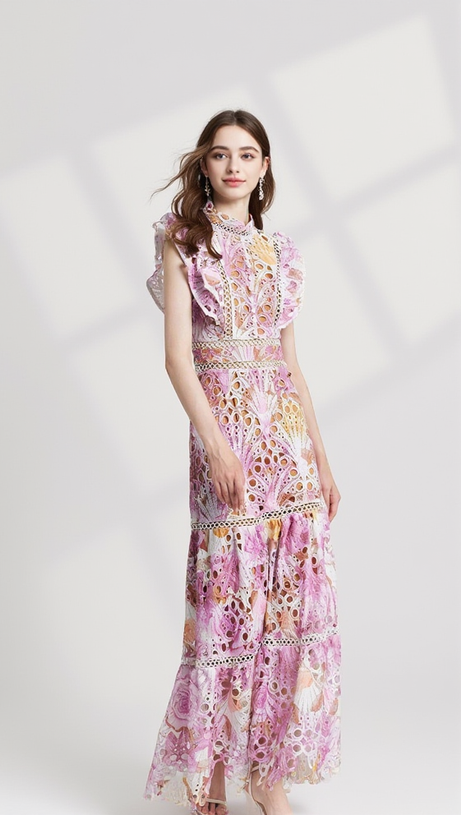 CHLOE HOLLOW OUT FLOWER EMBROIDERY MAXI DRESS IN PINK PURPLE