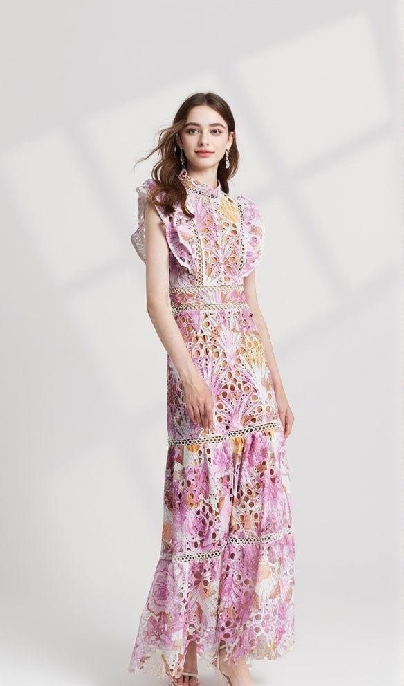 AIIZIE CHLOE HOLLOW OUT FLOWER EMBROIDERY MAXI DRESS IN PINK PURPLE - product image
