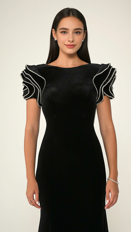 Jessie – Maxikleid mit Rüschenärmeln und offenem Rücken in Schwarz