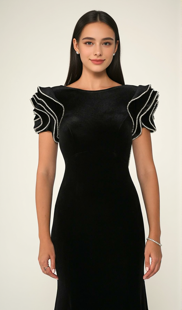jessie Ruffle sleeves open back maxi dress in black