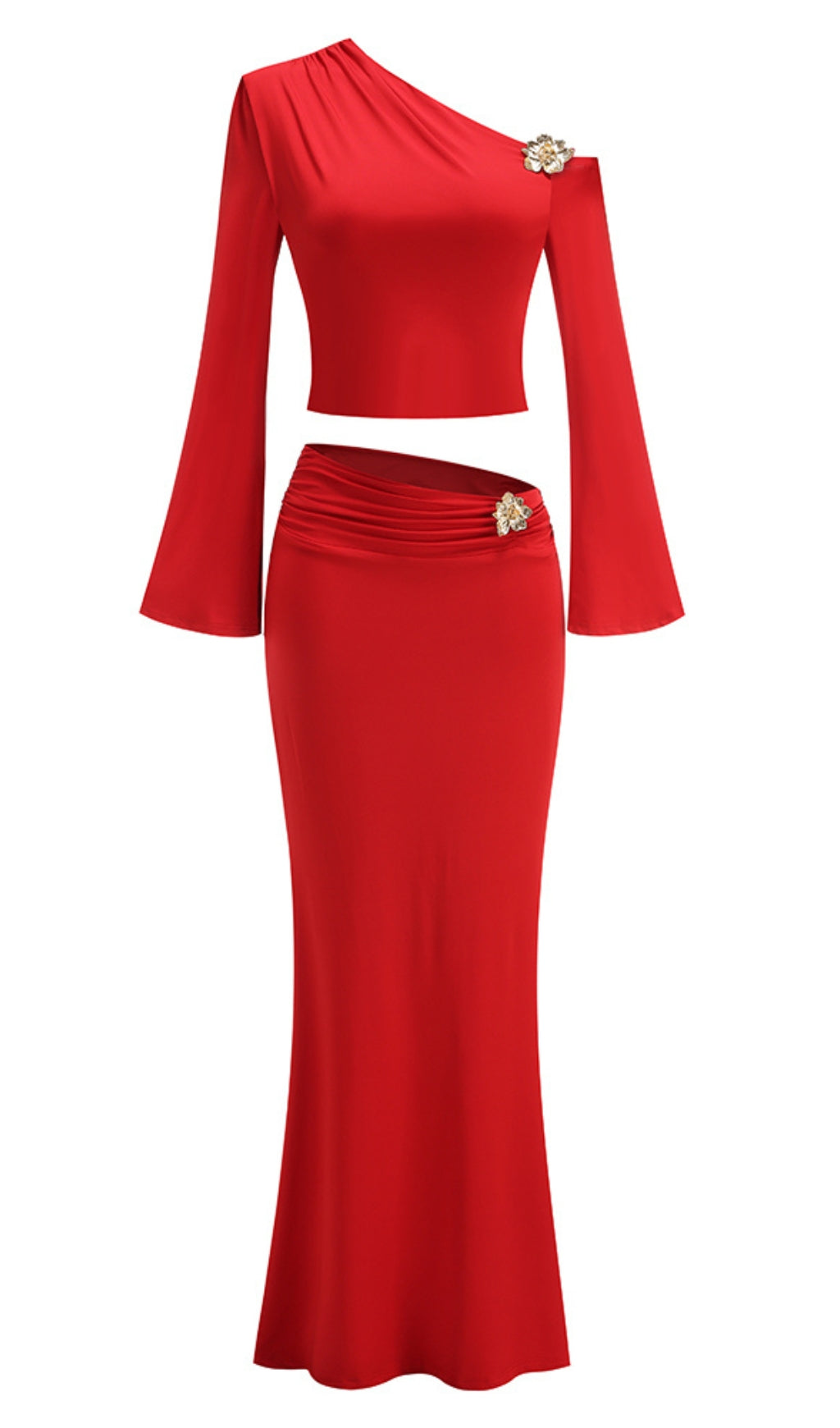 SLANT COLLAR HIGH WAIST SLIM LONG SKIRT RED SUIT